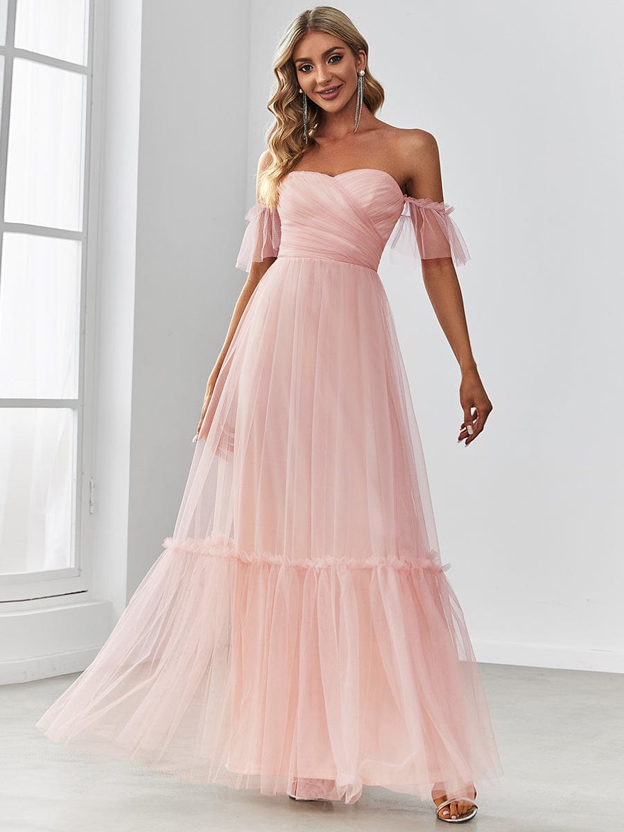 Off the Shoulder Sweetheart Pleated Tulle Dress In Pink #color_Pink