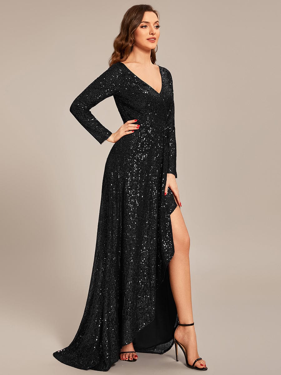 Long Sleeve V-neck Asymmetrical Hem Sequin Evening Dress #color_Black