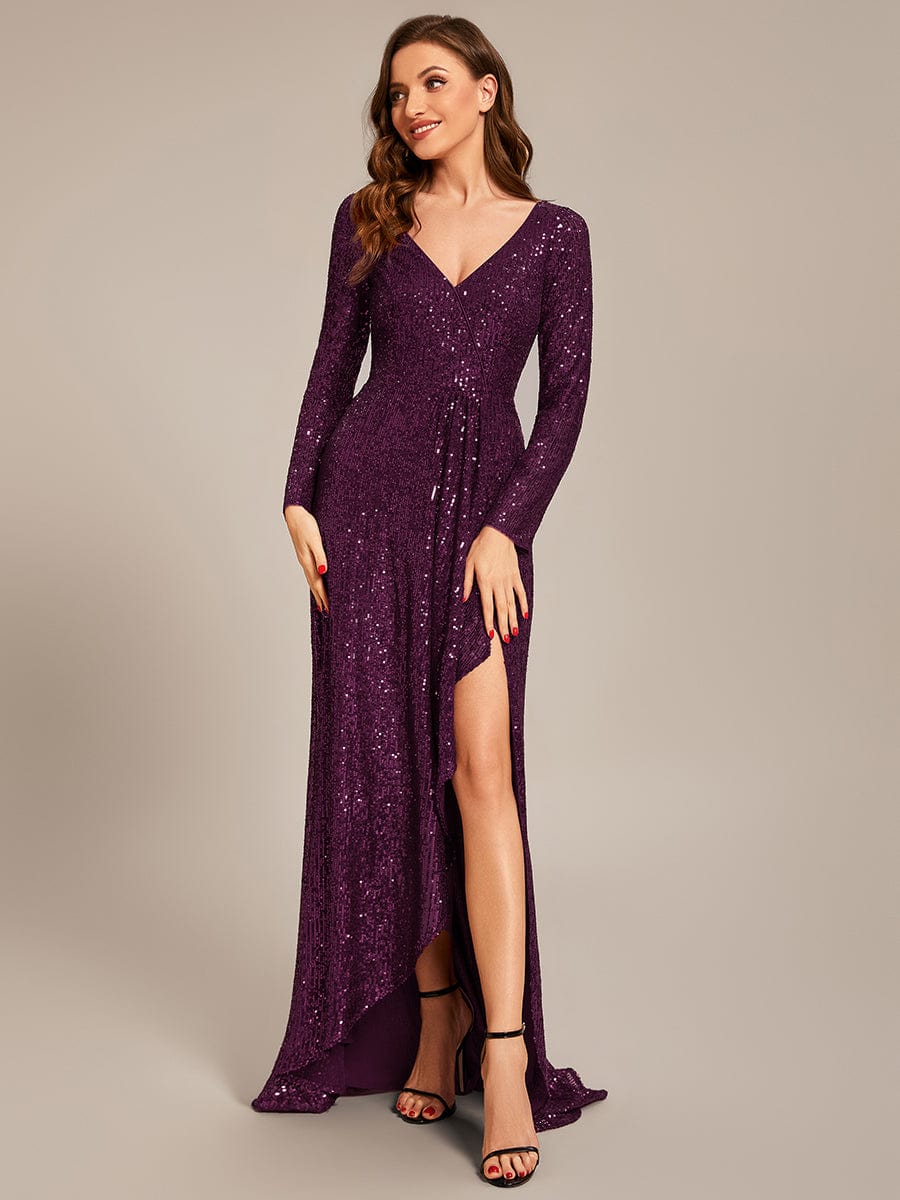 Long Sleeve V-neck Asymmetrical Hem Sequin Evening Dress #color_Dark Purple