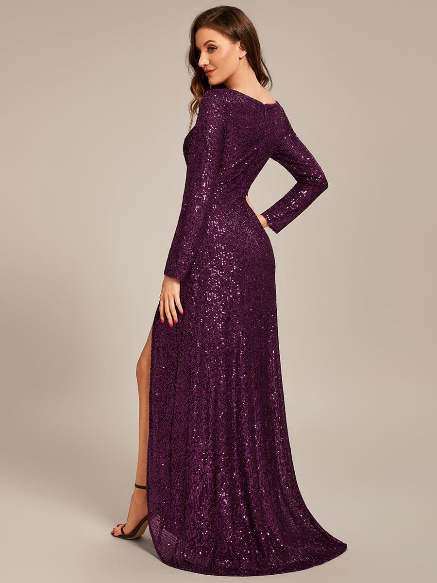 Long Sleeve V-neck Asymmetrical Hem Sequin Evening Dress #color_Dark Purple