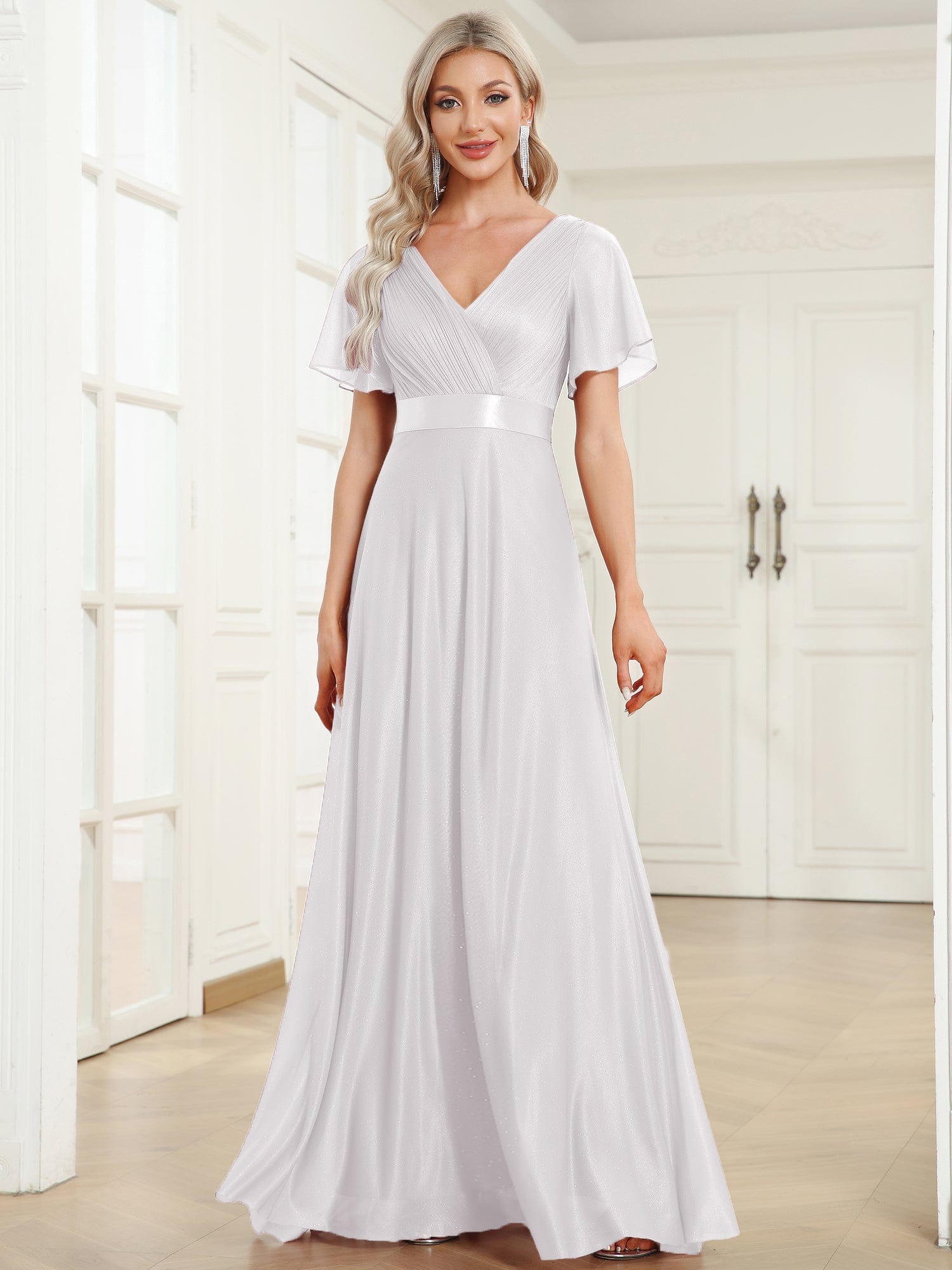 Long Shimmery Flutter Sleeve Pleated V-Neck Evening Dress #color_White