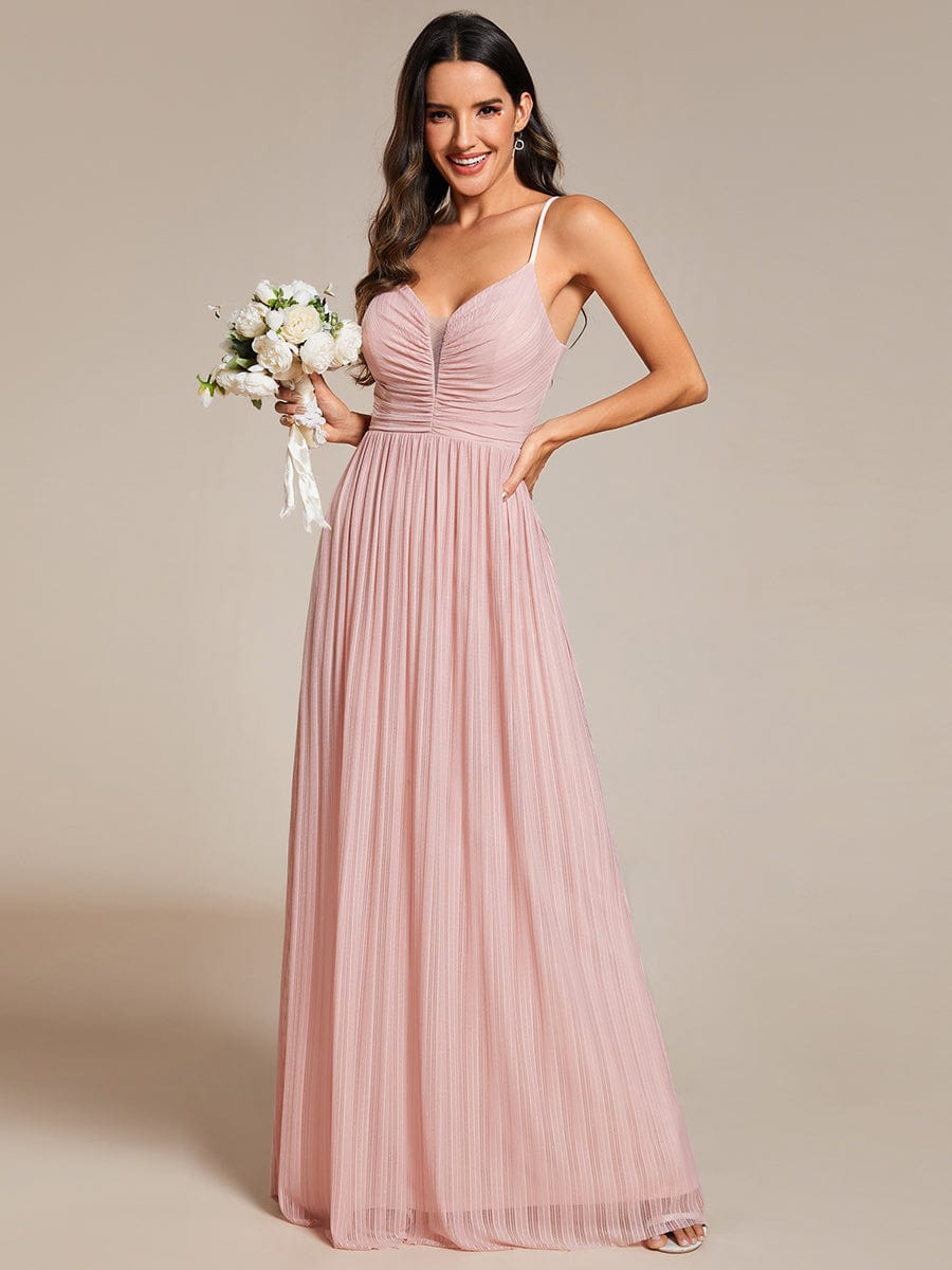 Glittering Pleated Spaghetti Straps Evening Dress with Empire Waist #color_Pink