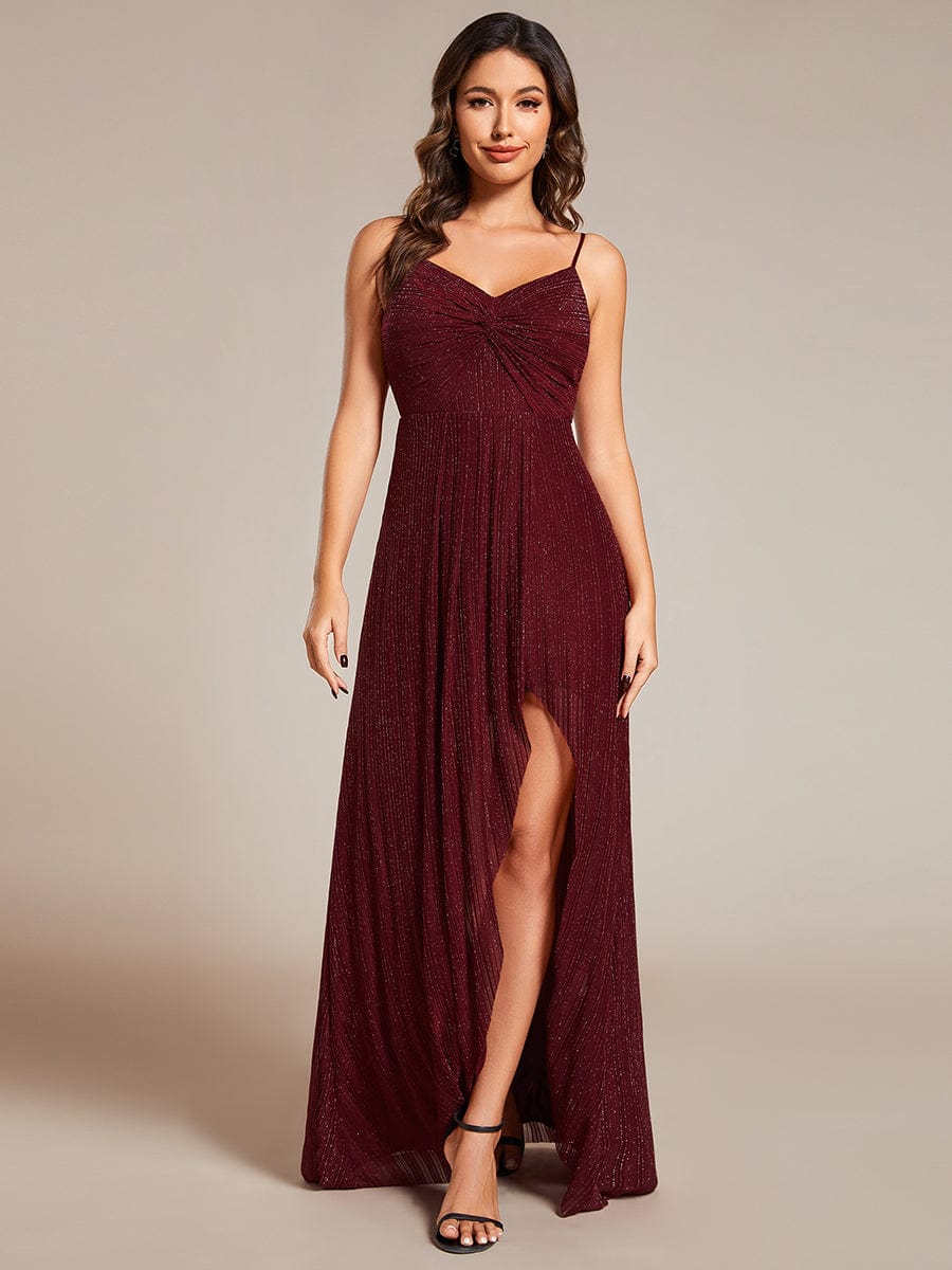 Sparkling High Slit Sleeveless V-Neck Evening Dress with Pleating #color_Burgundy