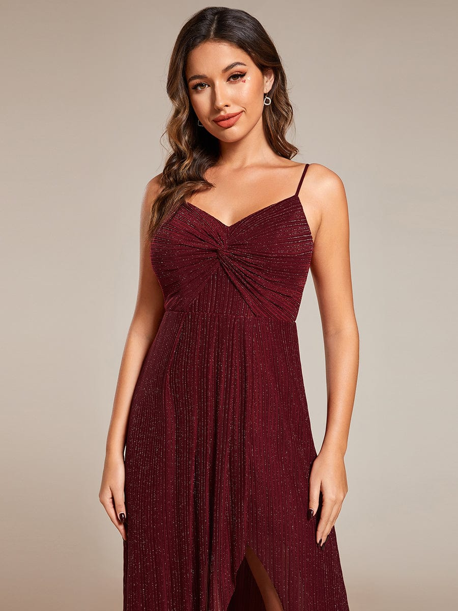 Sparkling High Slit Sleeveless V-Neck Evening Dress with Pleating #color_Burgundy