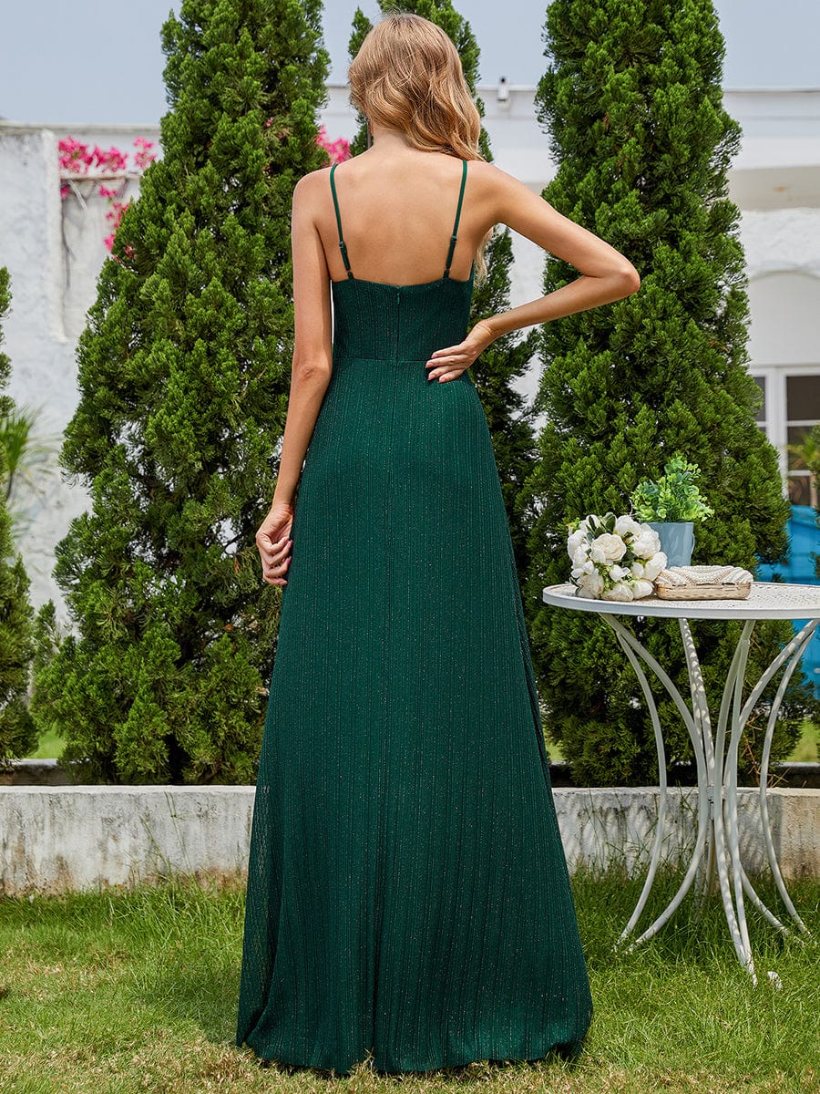 Sparkling High Slit Sleeveless V-Neck Evening Dress with Pleating #color_Dark Green