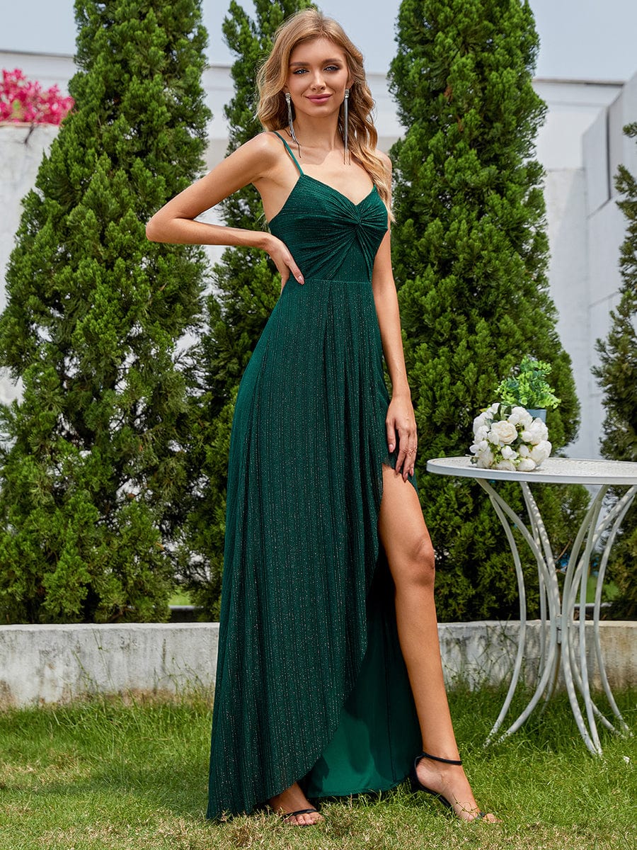 Sparkling High Slit Sleeveless V-Neck Evening Dress with Pleating #color_Dark Green