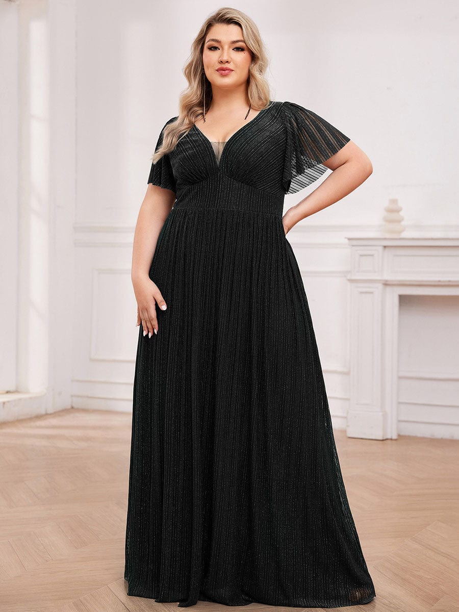 Glittery See-Through V-Neck Empire Waist Evening Dress with Short Sleeves #color_Black