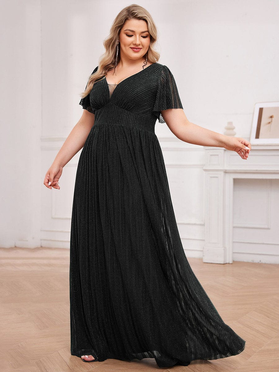 Glittery See-Through V-Neck Empire Waist Evening Dress with Short Sleeves #color_Black