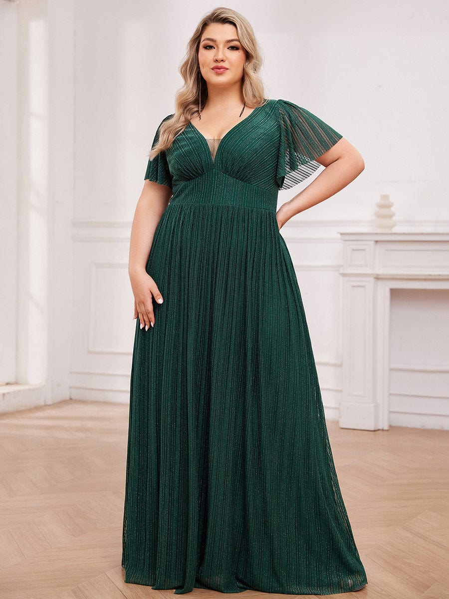 Glittery See-Through V-Neck Empire Waist Evening Dress with Short Sleeves #color_Dark Green