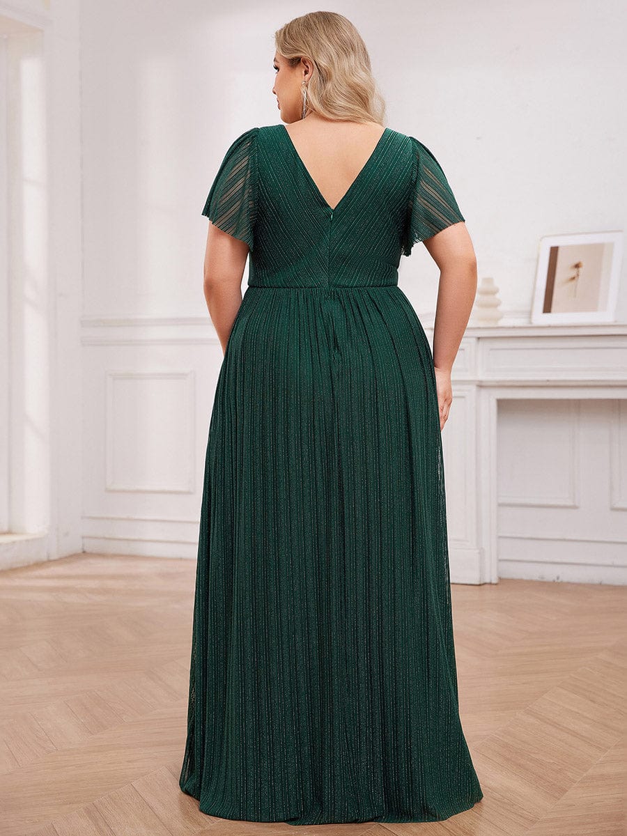 Glittery See-Through V-Neck Empire Waist Evening Dress with Short Sleeves #color_Dark Green