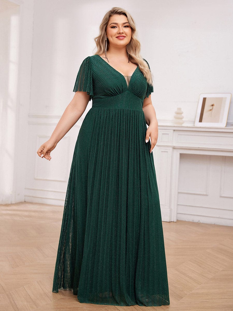 Glittery See-Through V-Neck Empire Waist Evening Dress with Short Sleeves #color_Dark Green