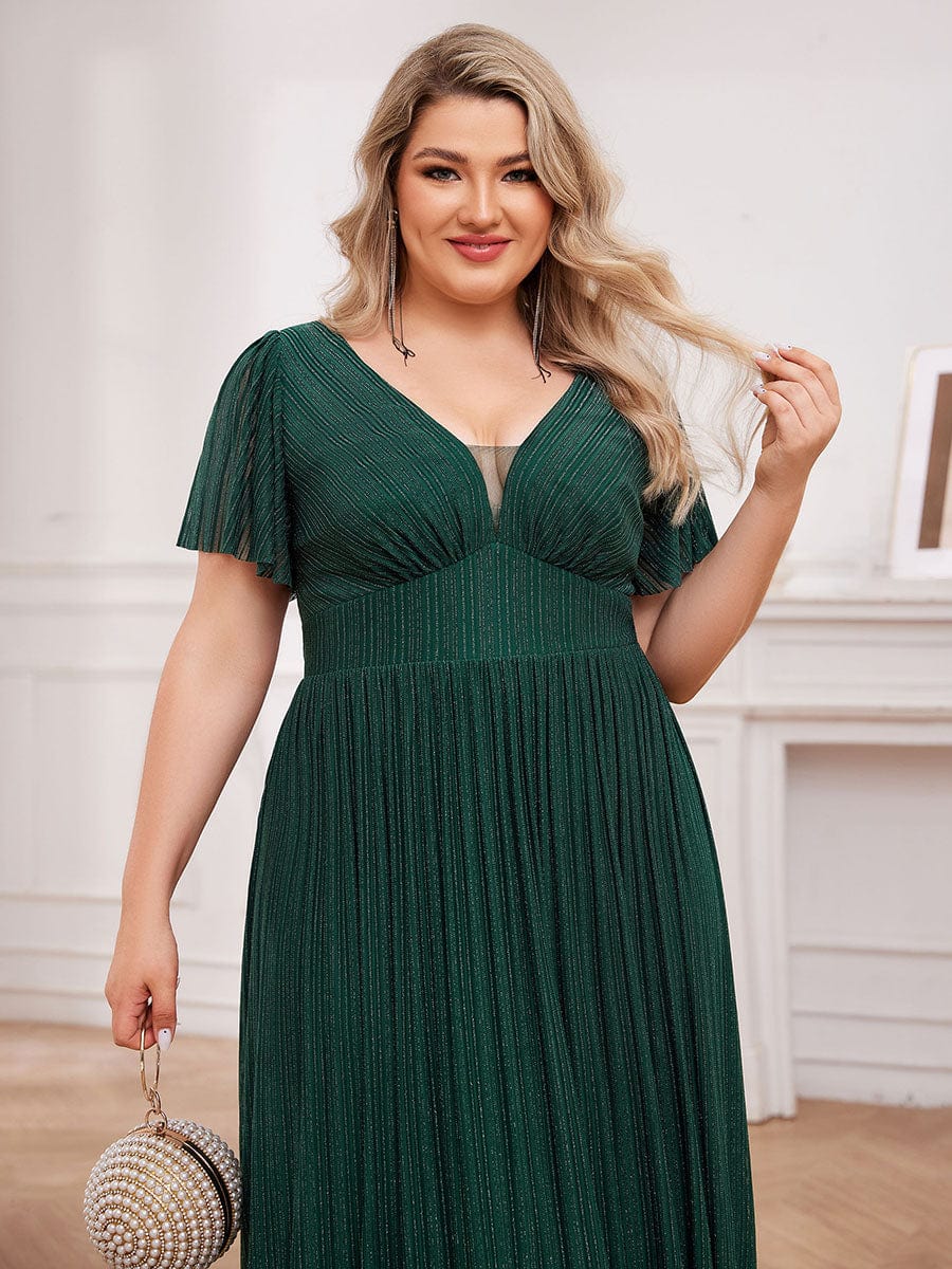 Glittery See-Through V-Neck Empire Waist Evening Dress with Short Sleeves #color_Dark Green