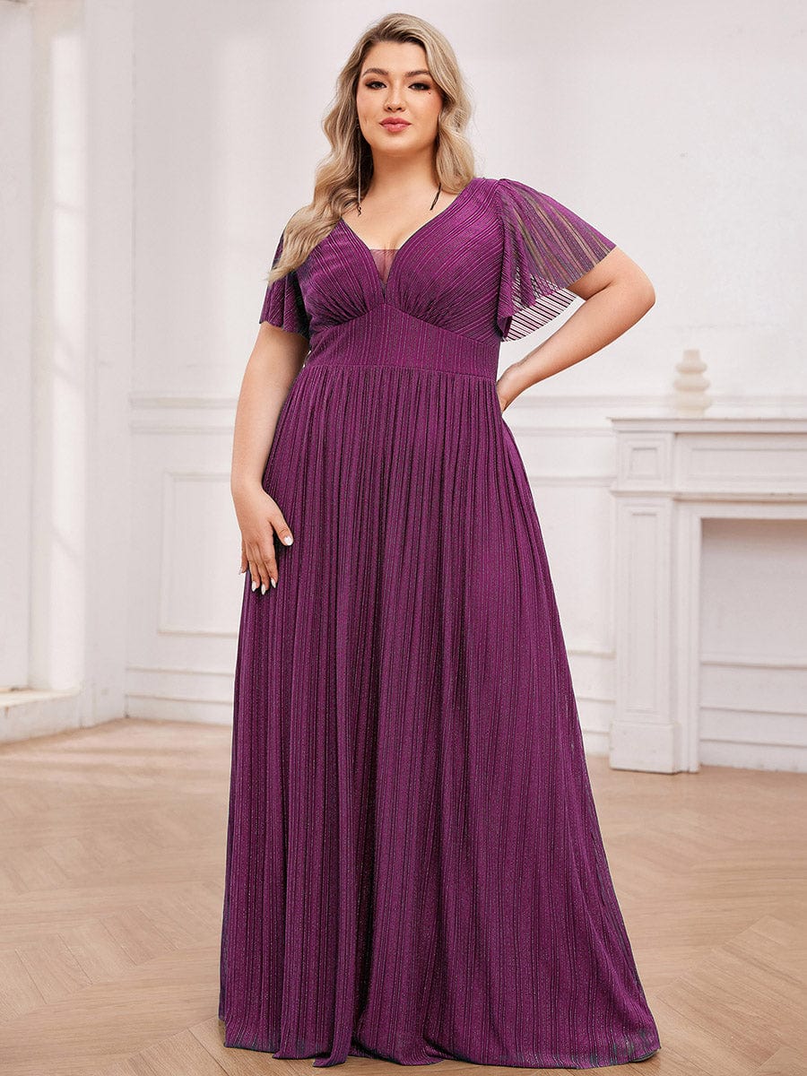 Glittery See-Through V-Neck Empire Waist Evening Dress with Short Sleeves #color_Purple Wisteria