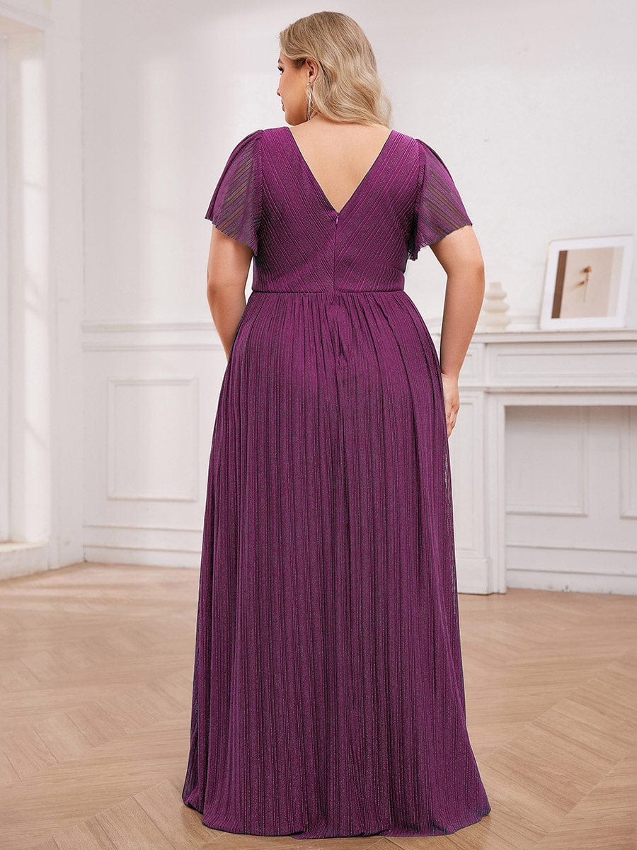 Glittery See-Through V-Neck Empire Waist Evening Dress with Short Sleeves #color_Purple Wisteria