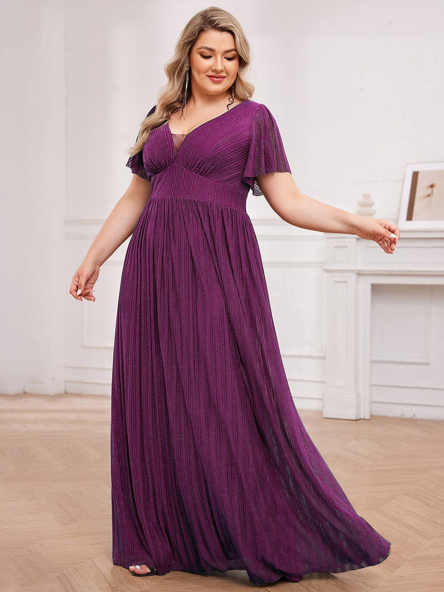 Glittery See-Through V-Neck Empire Waist Evening Dress with Short Sleeves #color_Purple Wisteria