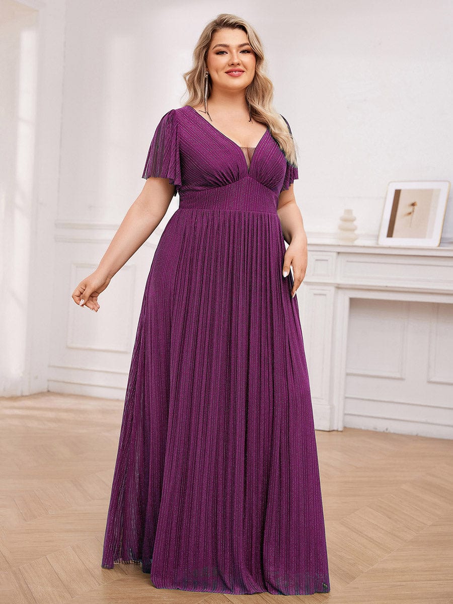 Glittery See-Through V-Neck Empire Waist Evening Dress with Short Sleeves #color_Purple Wisteria