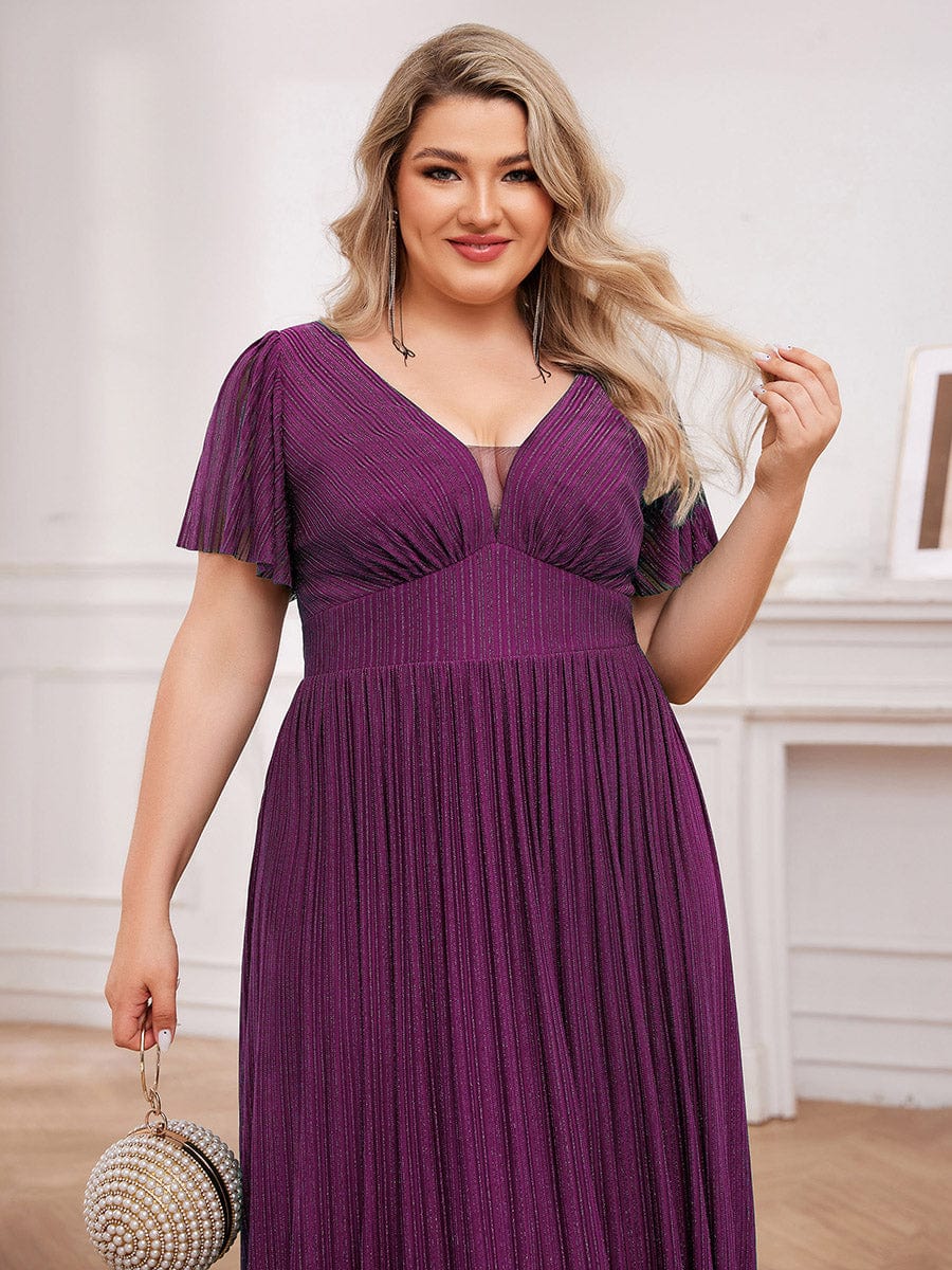 Glittery See-Through V-Neck Empire Waist Evening Dress with Short Sleeves #color_Purple Wisteria