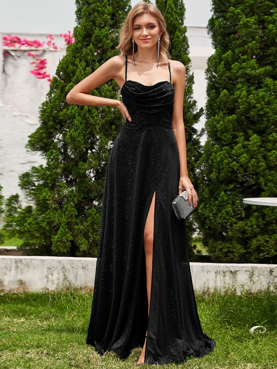 High Slit Cowl Neck Sequin Sleeveless Evening Dress #color_Black