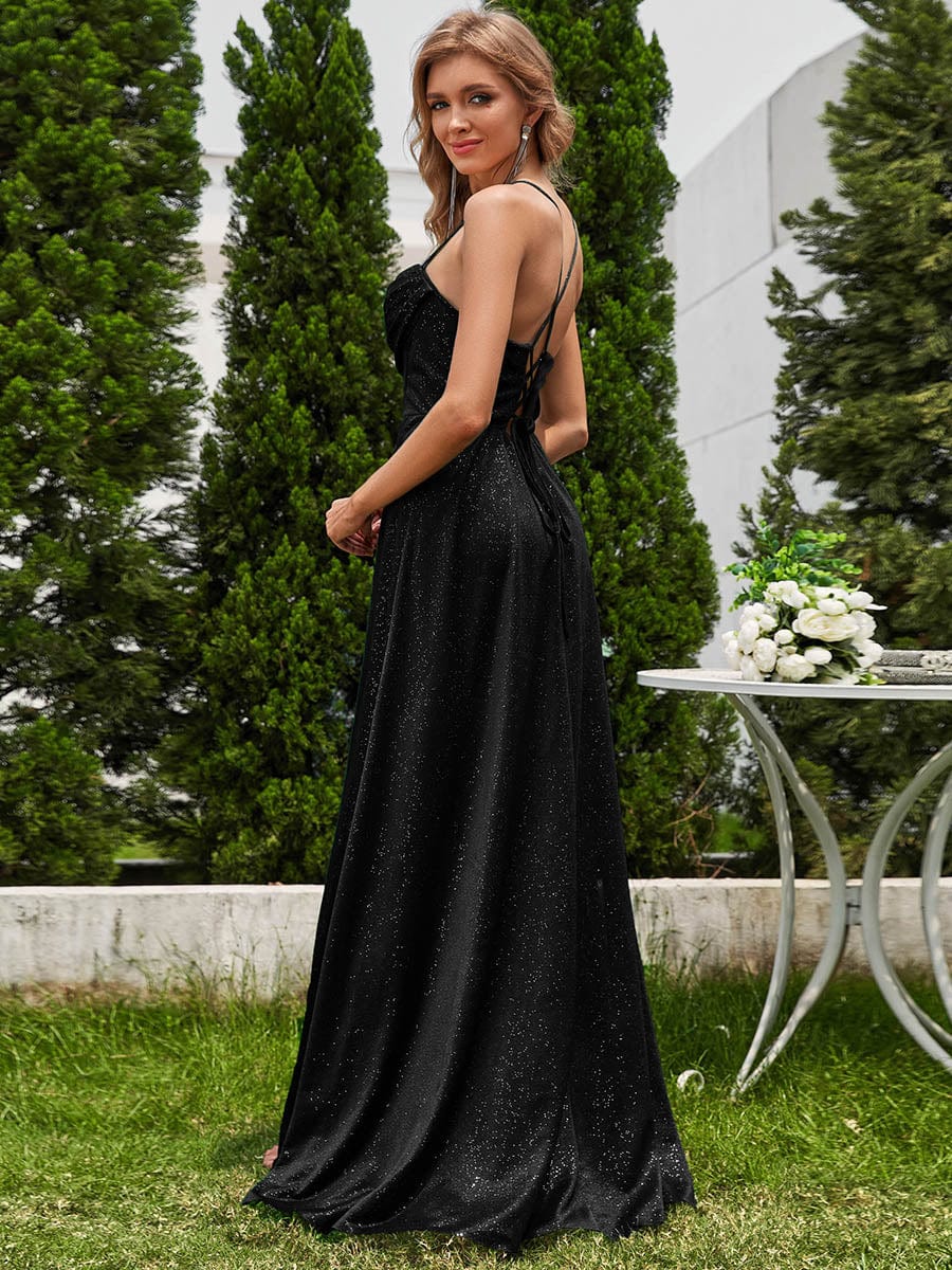 High Slit Cowl Neck Sequin Sleeveless Evening Dress #color_Black