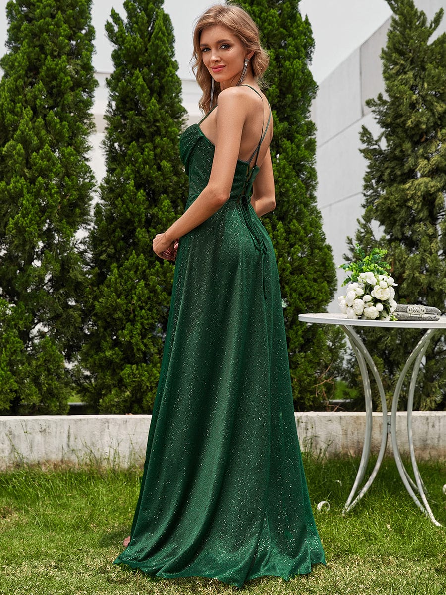 High Slit Cowl Neck Sequin Sleeveless Evening Dress #color_Dark Green