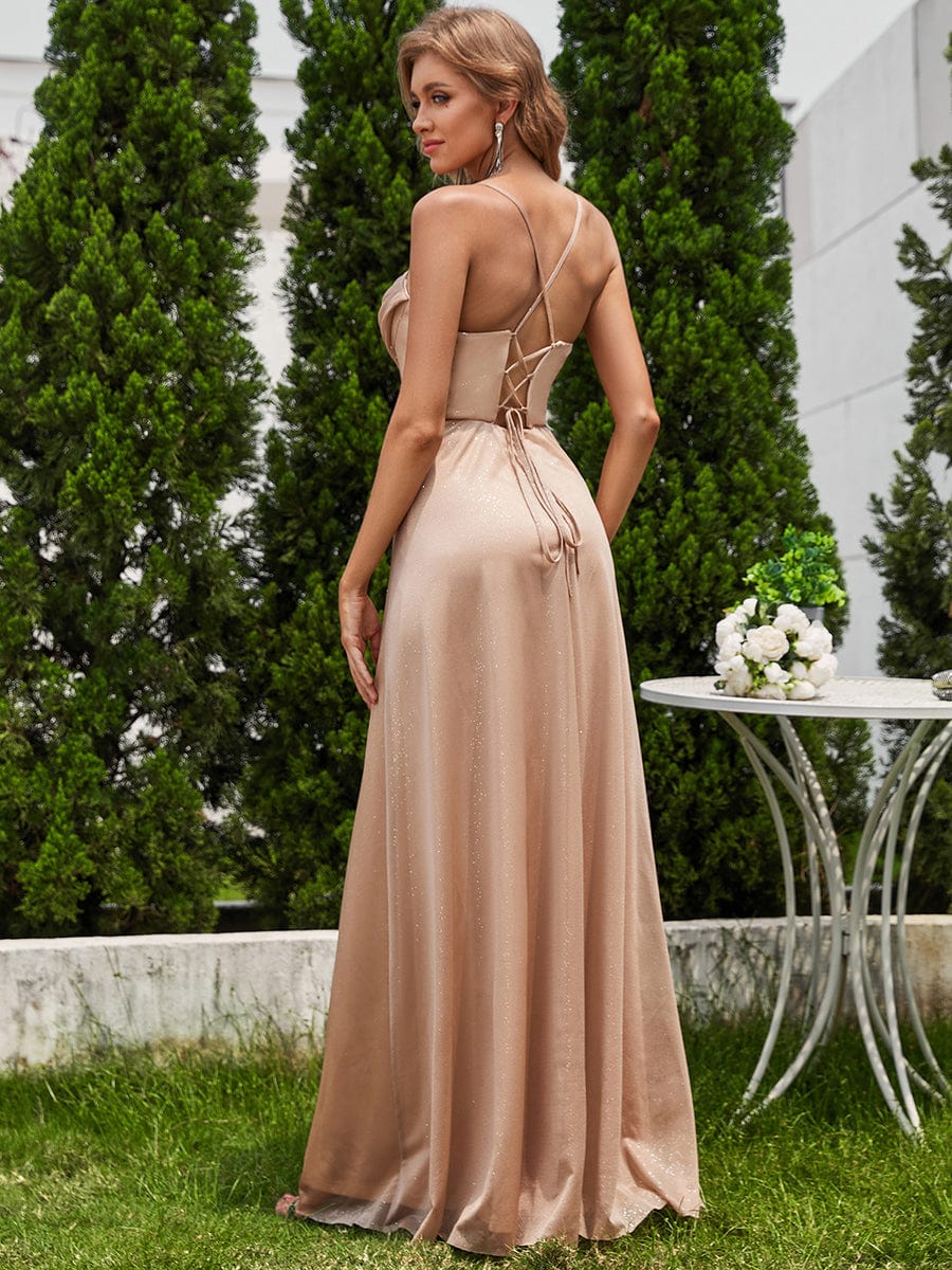 High Slit Cowl Neck Sequin Sleeveless Evening Dress #color_Rose Gold