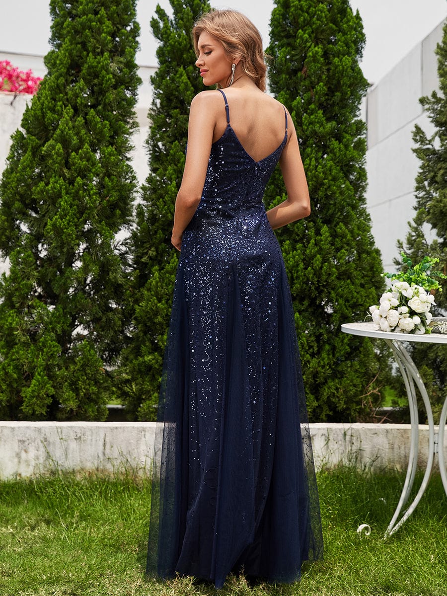 Sequined V-Neck Tulle Sleeveless Evening Dress with Empire Waist #color_Navy Blue