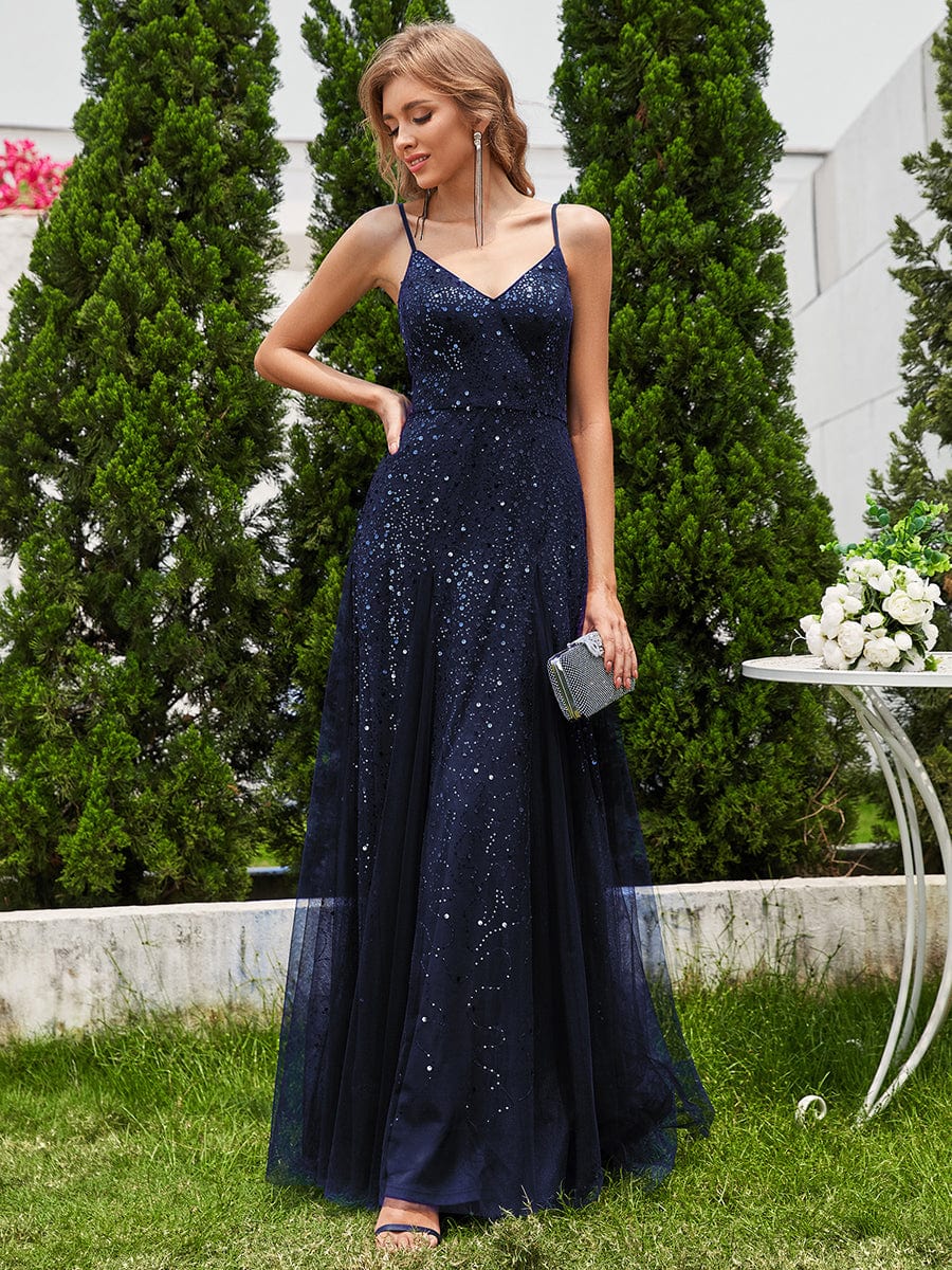 Sequined V-Neck Tulle Sleeveless Evening Dress with Empire Waist #color_Navy Blue