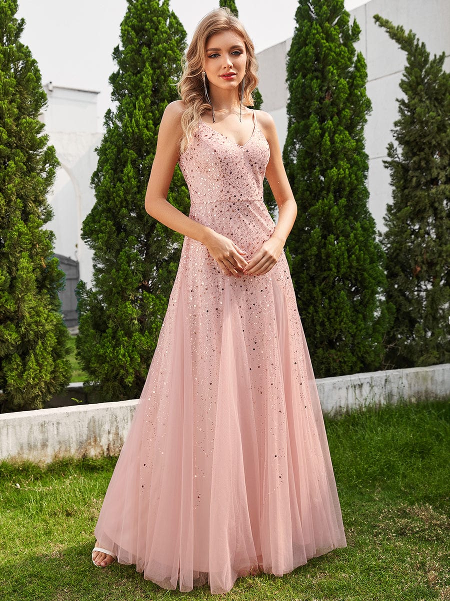 Sequined V-Neck Tulle Sleeveless Evening Dress with Empire Waist #color_Pink