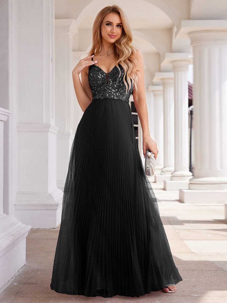 Sequined V-Neck Sleeveless Backless High-Waist Tulle Evening Dress #color_Black