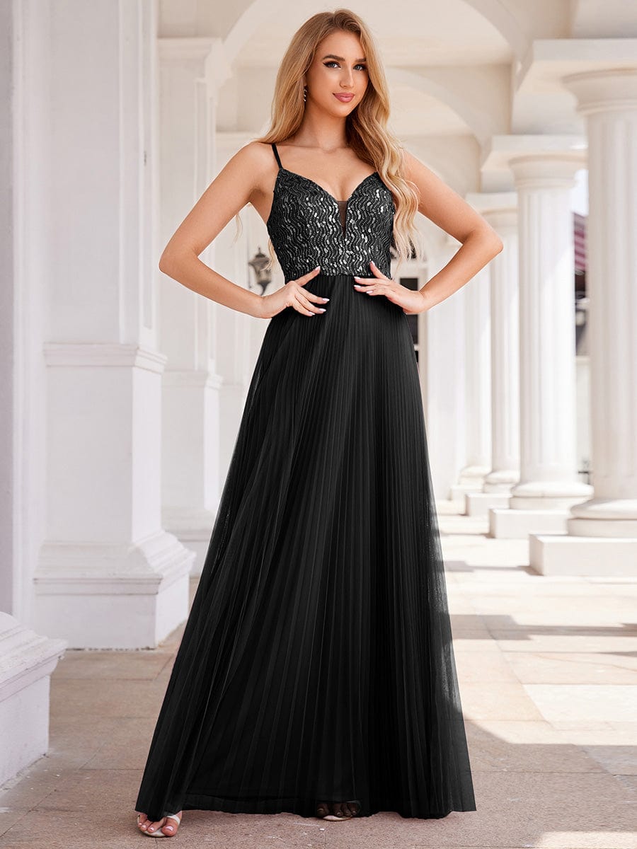 Sequined V-Neck Sleeveless Backless High-Waist Tulle Evening Dress #color_Black