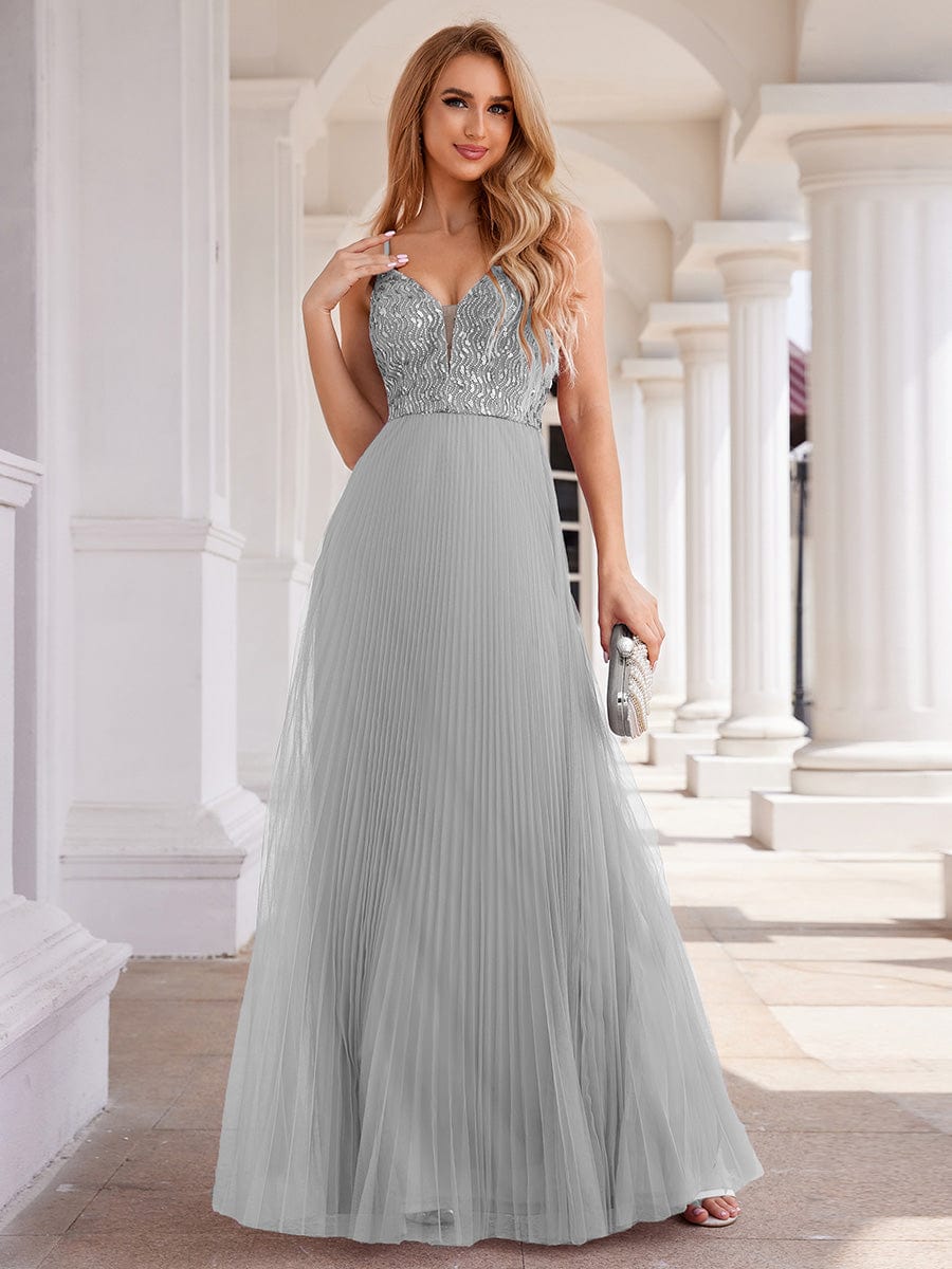 Sequined V-Neck Sleeveless Backless High-Waist Tulle Evening Dress #color_Grey