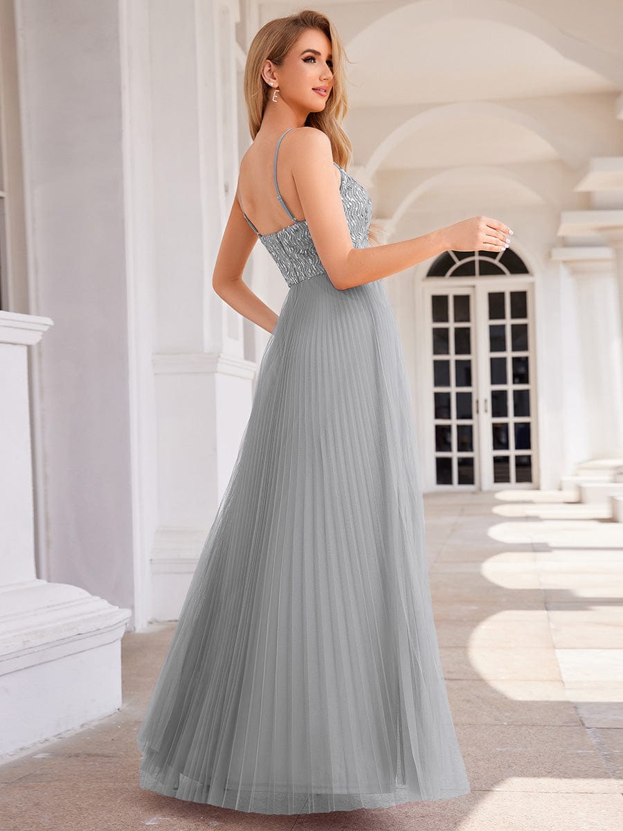 Sequined V-Neck Sleeveless Backless High-Waist Tulle Evening Dress #color_Grey