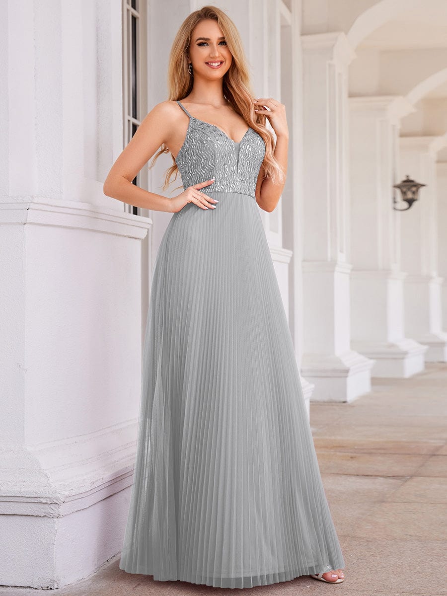 Sequined V-Neck Sleeveless Backless High-Waist Tulle Evening Dress #color_Grey