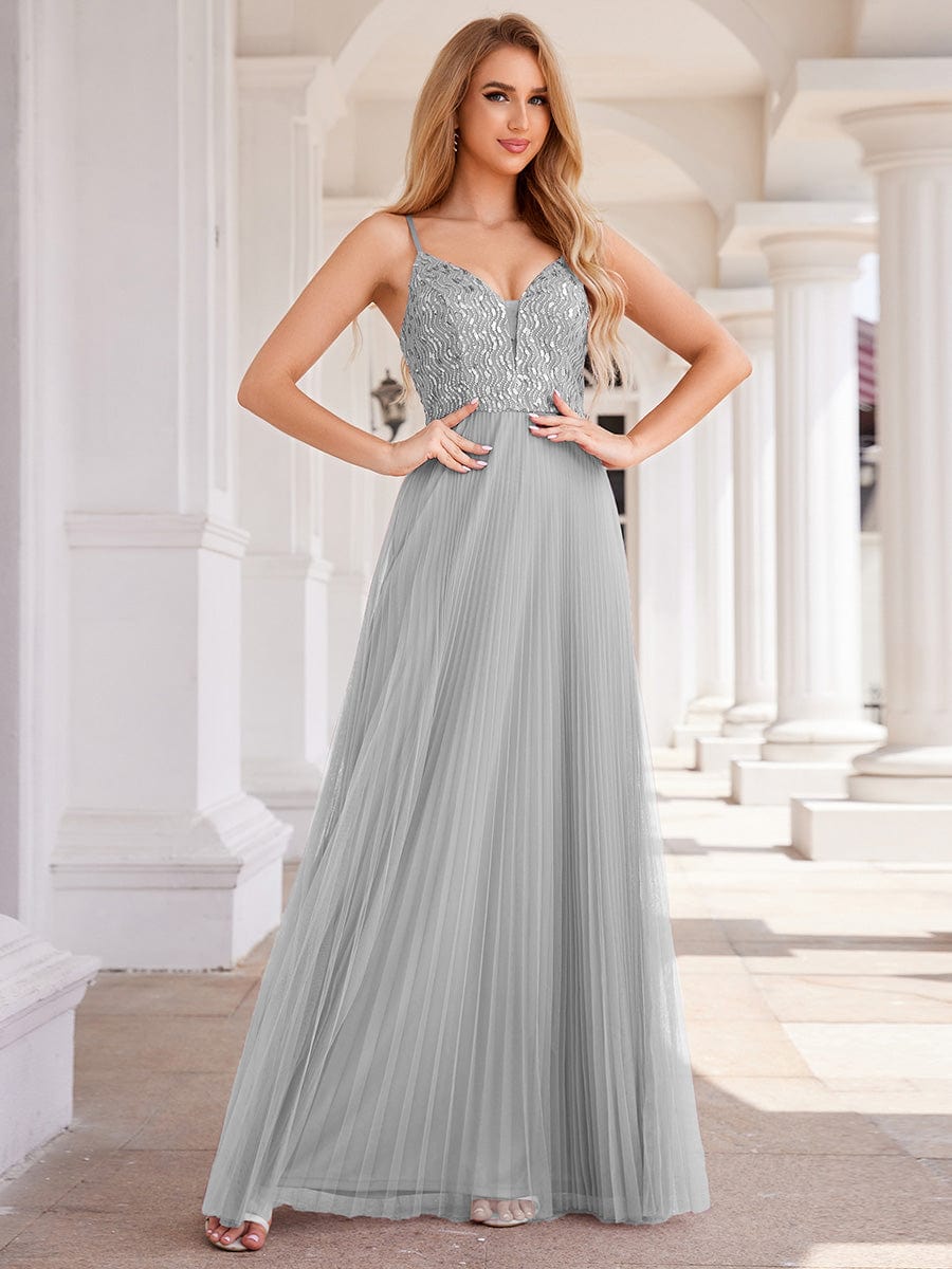 Sequined V-Neck Sleeveless Backless High-Waist Tulle Evening Dress #color_Grey