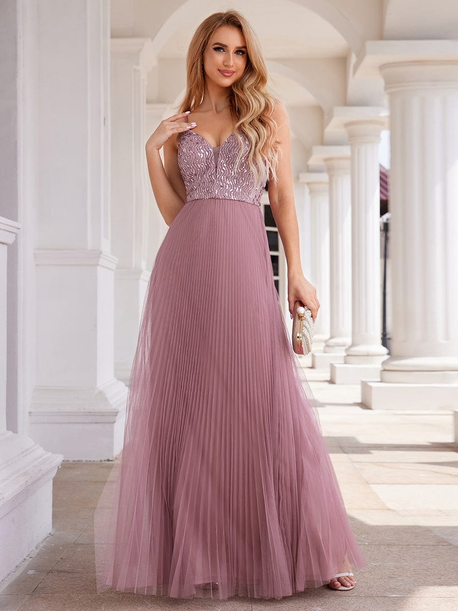 Sequined V-Neck Sleeveless Backless High-Waist Tulle Evening Dress #color_Purple Orchid