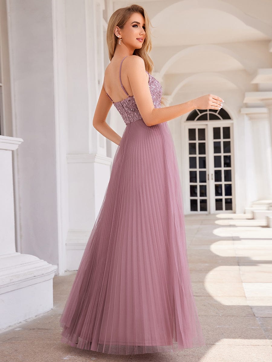 Sequined V-Neck Sleeveless Backless High-Waist Tulle Evening Dress #color_Purple Orchid