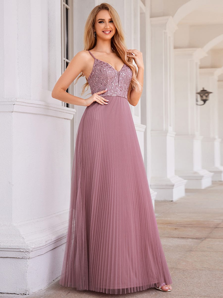 Sequined V-Neck Sleeveless Backless High-Waist Tulle Evening Dress #color_Purple Orchid