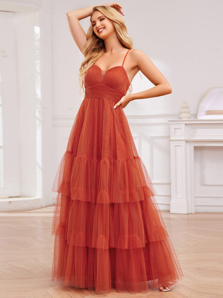 Spaghetti Strap Tulle Tiered Evening Maxi Dress with Pleats #color_Burnt Orange