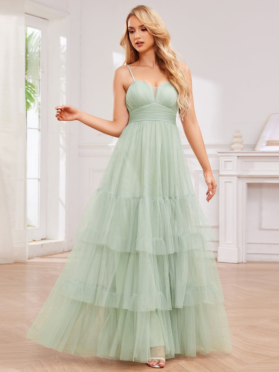 Spaghetti Strap Tulle Tiered Evening Maxi Dress with Pleats #color_Mint Green