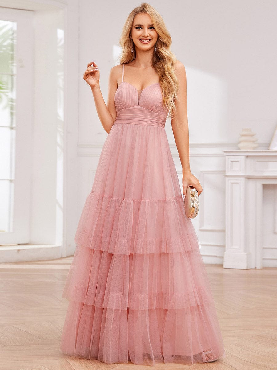 Spaghetti Strap Tulle Tiered Evening Maxi Dress with Pleats #color_Pink