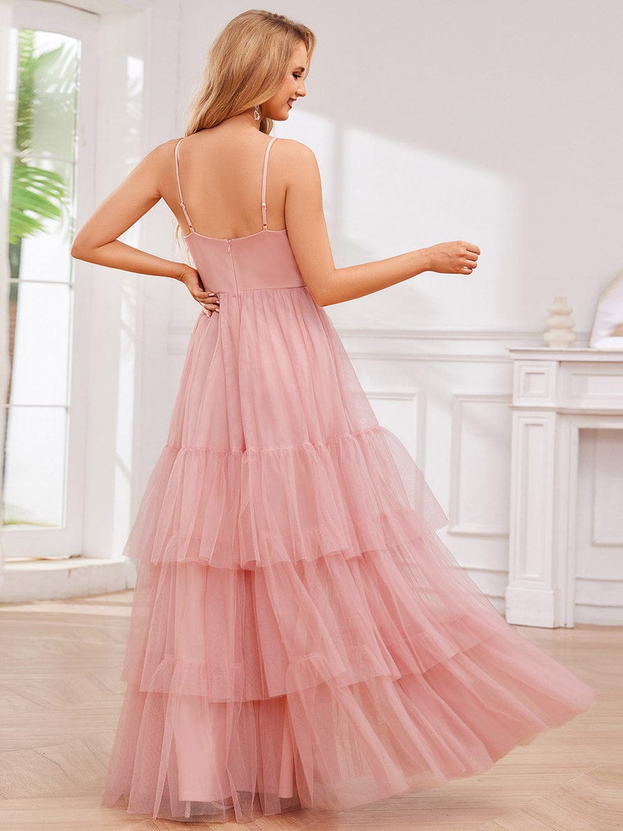 Spaghetti Strap Tulle Tiered Evening Maxi Dress with Pleats #color_Pink