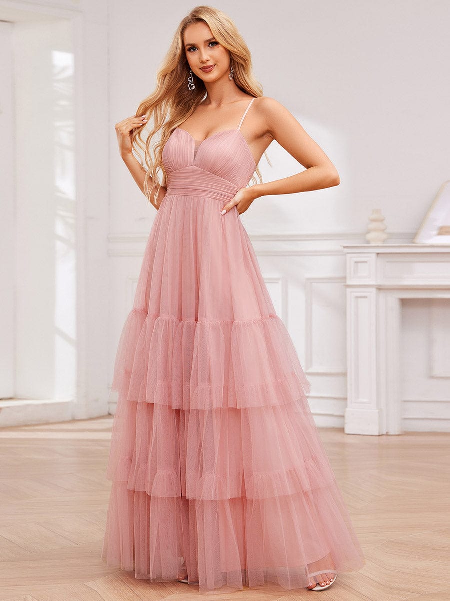 Spaghetti Strap Tulle Tiered Evening Maxi Dress with Pleats #color_Pink