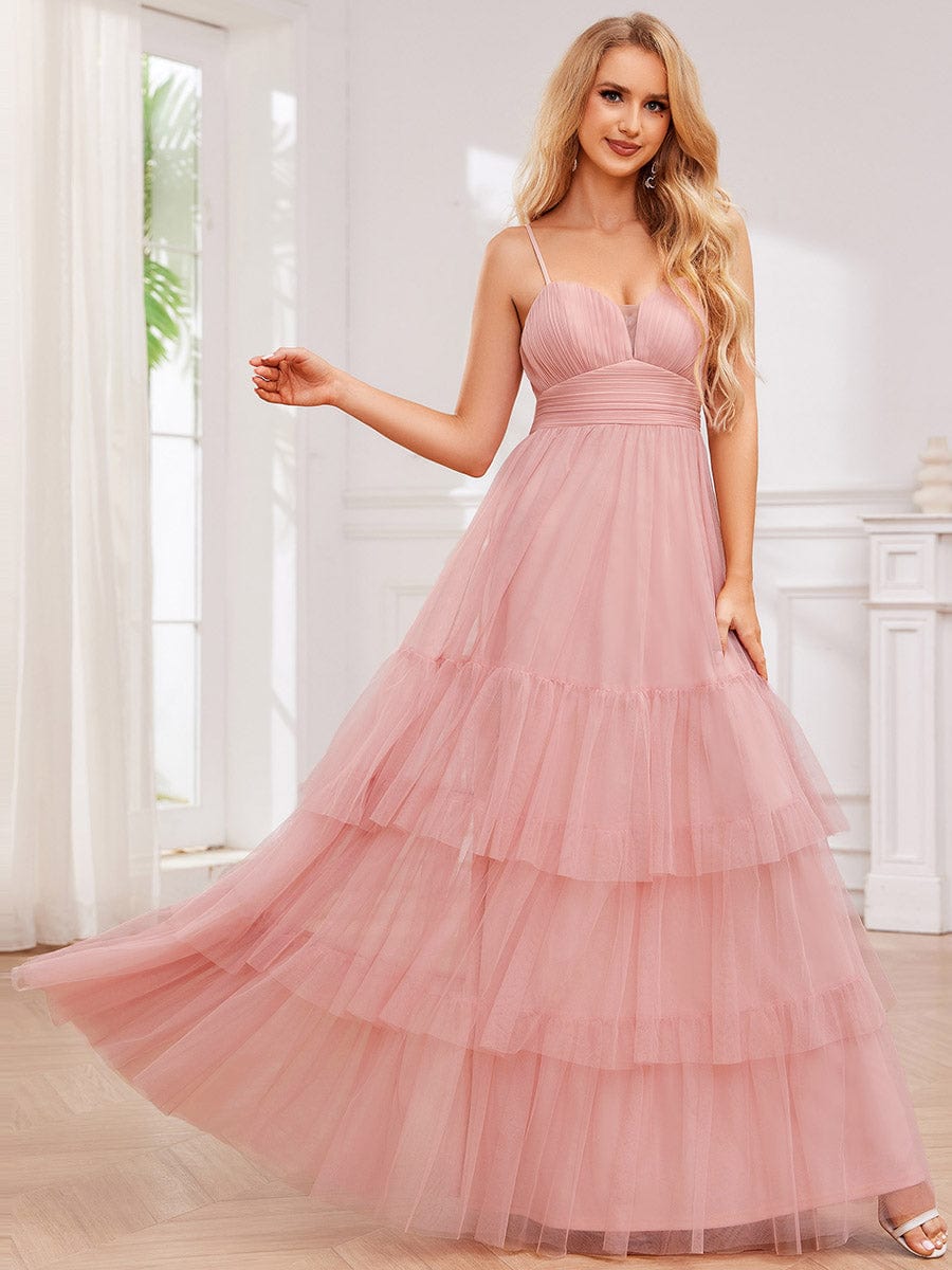 Spaghetti Strap Tulle Tiered Evening Maxi Dress with Pleats #color_Pink