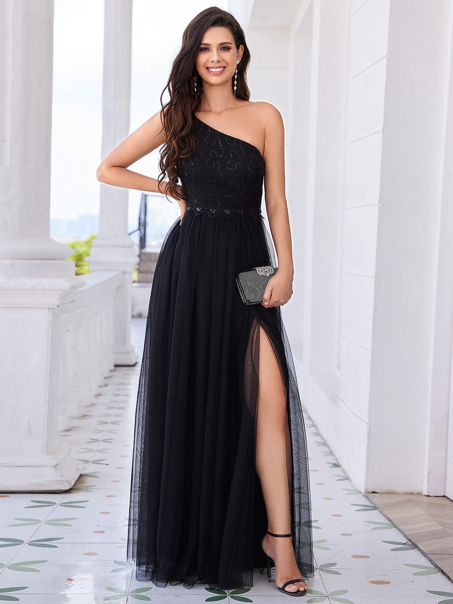 One Shoulder Tulle Maxi Bridesmaid Dress with Embellished Bodice #color_Black