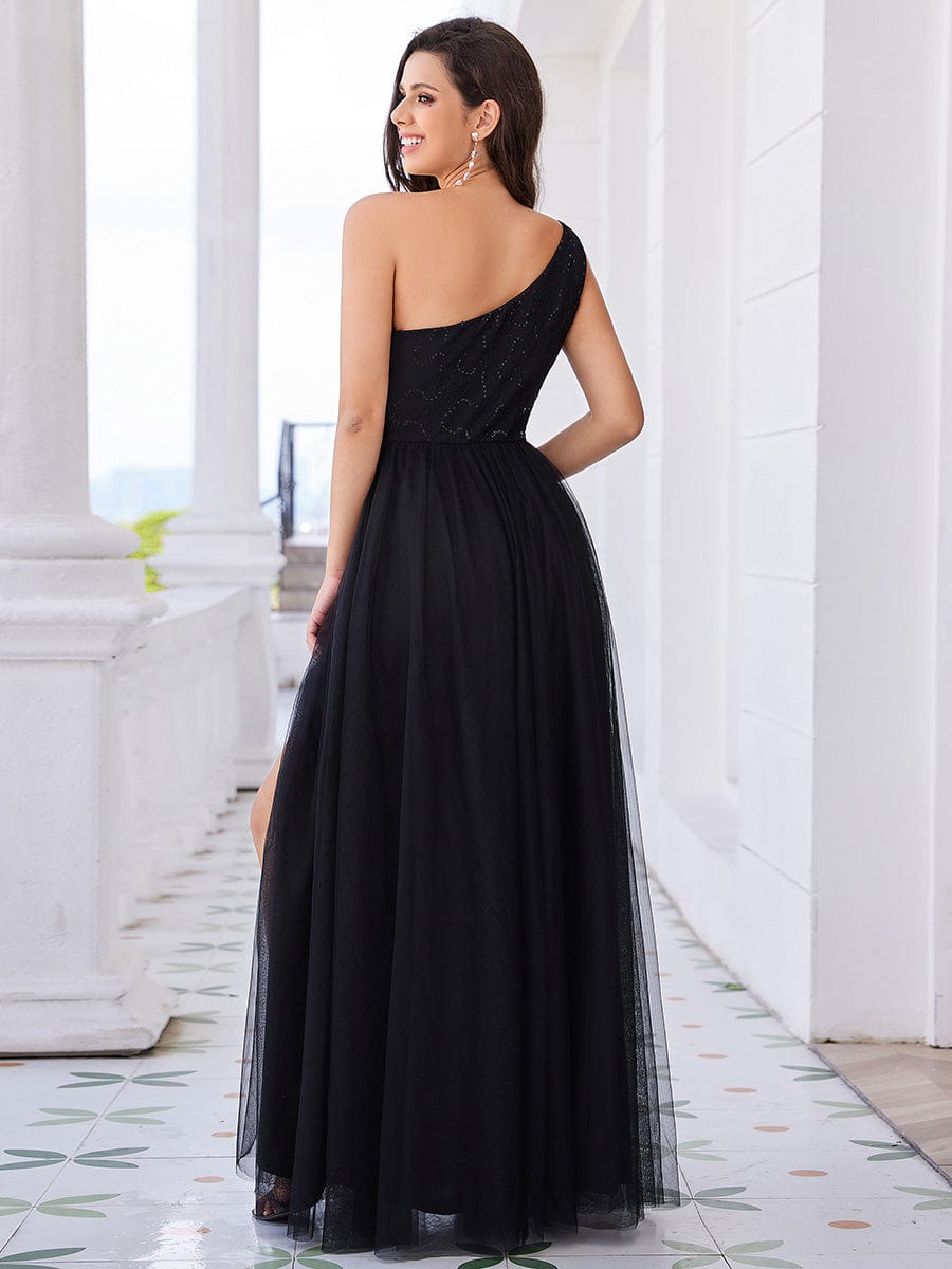 One Shoulder Tulle Maxi Bridesmaid Dress with Embellished Bodice #color_Black