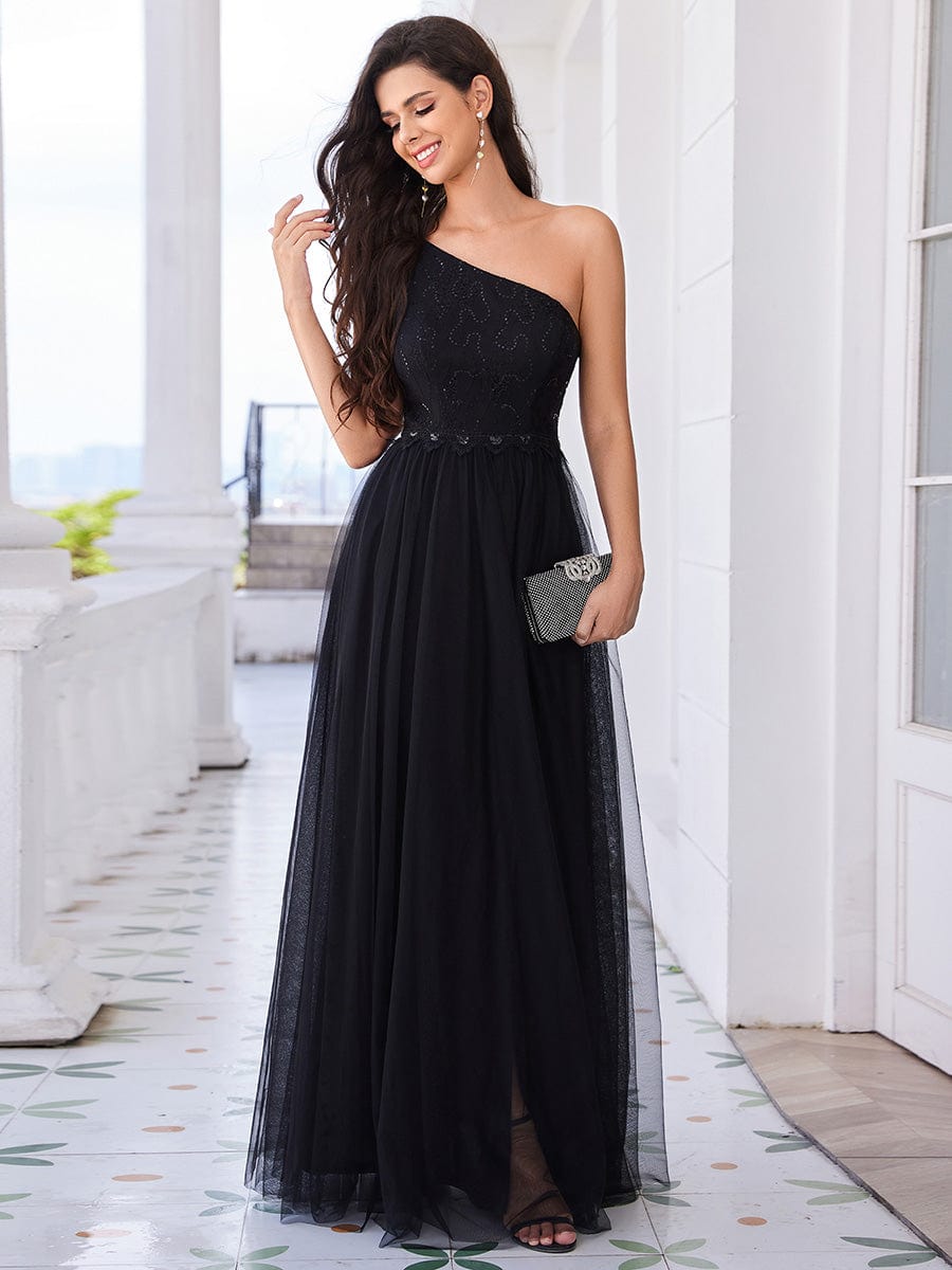 One Shoulder Tulle Maxi Bridesmaid Dress with Embellished Bodice #color_Black