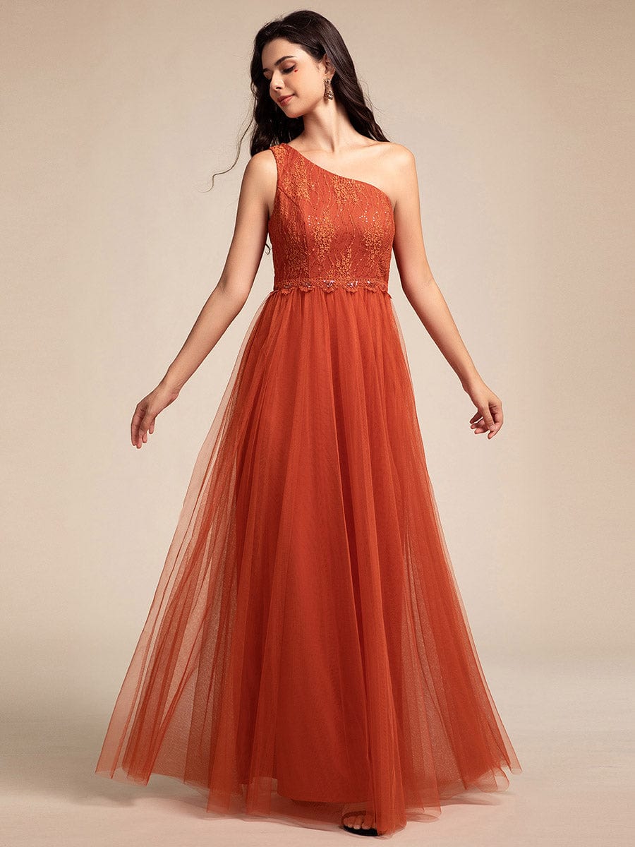 One Shoulder Tulle Maxi Bridesmaid Dress with Embellished Bodice #color_Burnt Orange