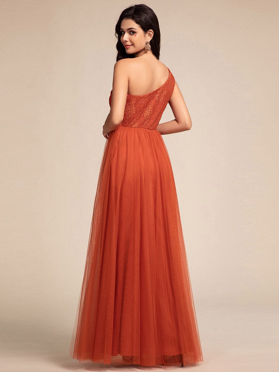 One Shoulder Tulle Maxi Bridesmaid Dress with Embellished Bodice #color_Burnt Orange