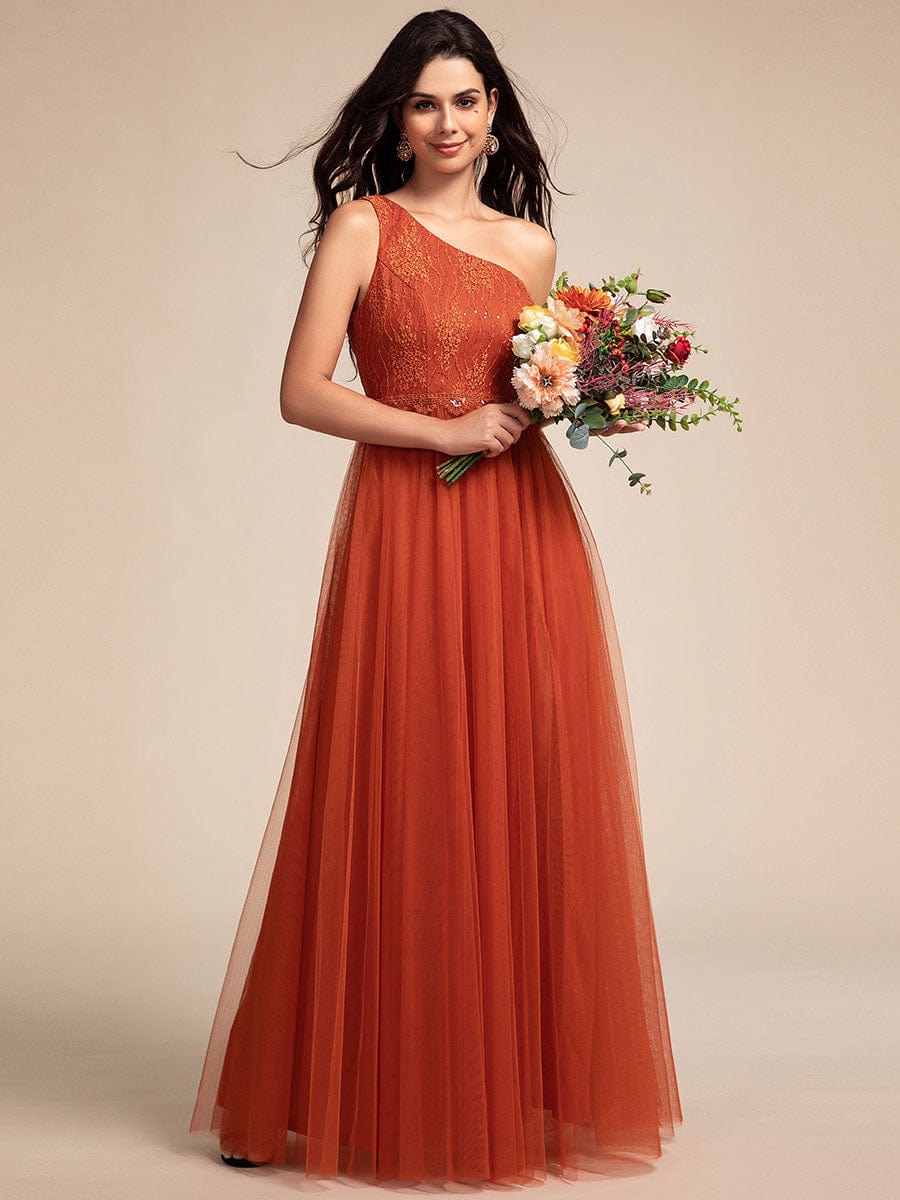 One Shoulder Tulle Maxi Bridesmaid Dress with Embellished Bodice #color_Burnt Orange