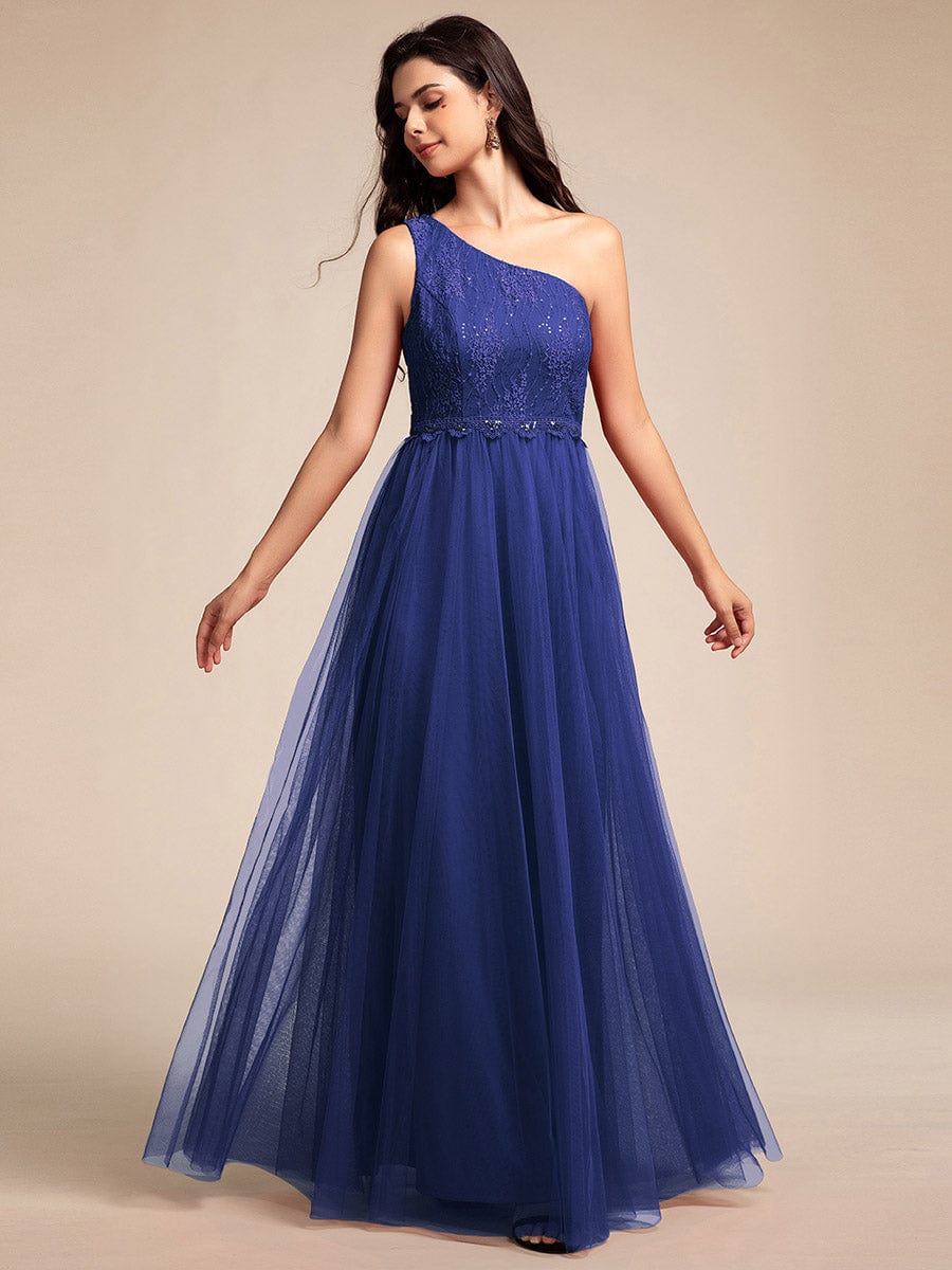 One Shoulder Tulle Maxi Bridesmaid Dress with Embellished Bodice #color_Sapphire Blue